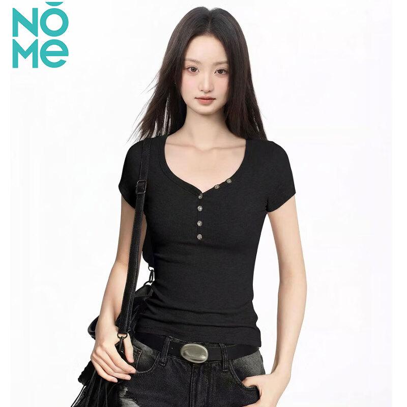 NOMe Women's Ribbed V-Neck Button-Front Short Sleeve T-Shirt