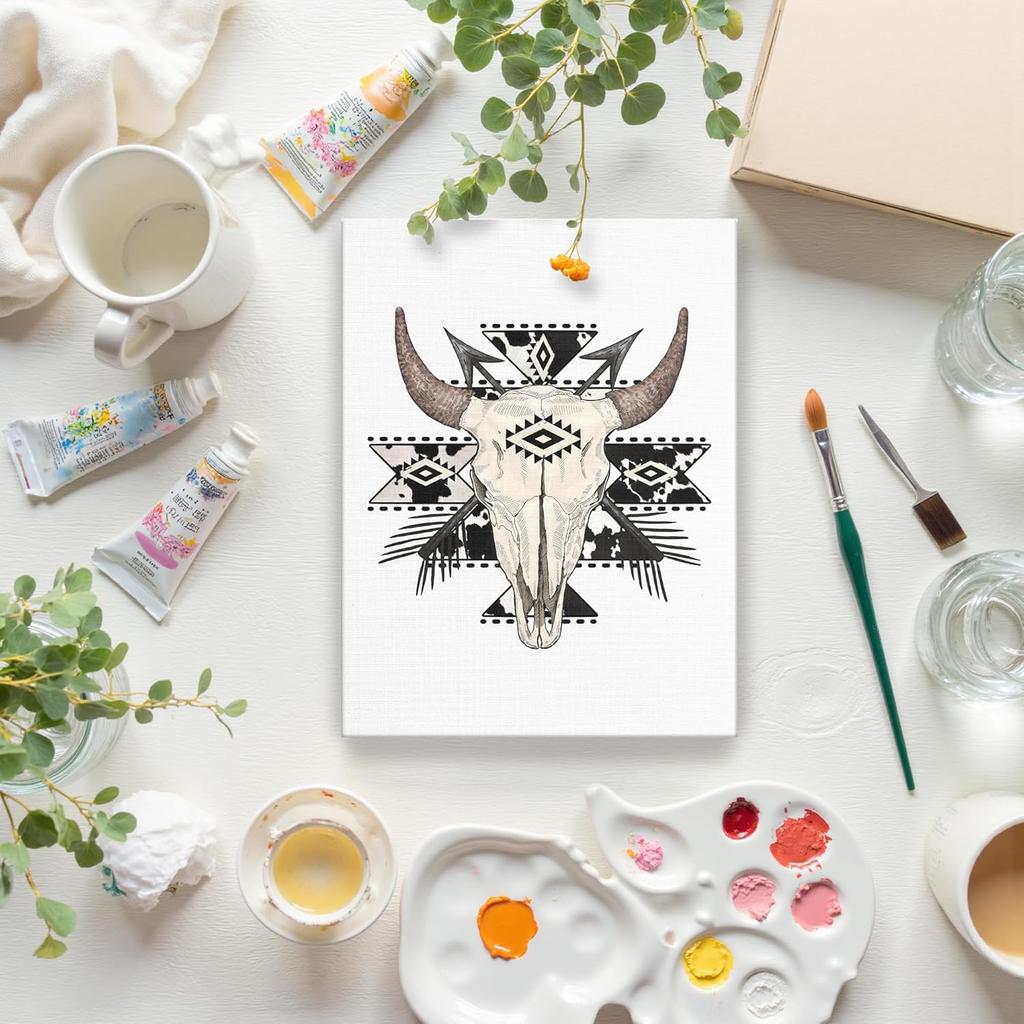 GTYNU Boho Aztec Western Cow Bull Skull Framed Canvas Wall Art Decor, Southwestern Wall Art Canvas Prints, Boho Bedroom Decor, Western Wall Decor for
