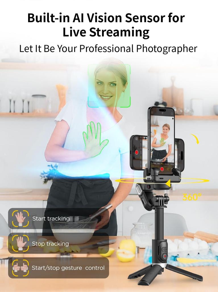 AOCHUAN M1 Pro Smartphone Gimbal Stabilizer 4-in-1 AI Face Tracking 360 Rotation Selfie Stick Tripod Wireless Remote Phone Vlog