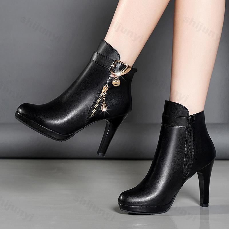 Fashion Women Ankle Boots 2025 Autumn Round Toe PU Leather High-heeled Boots Fashion Retro Zipper Thin Heel Short Boots Botas Mujer