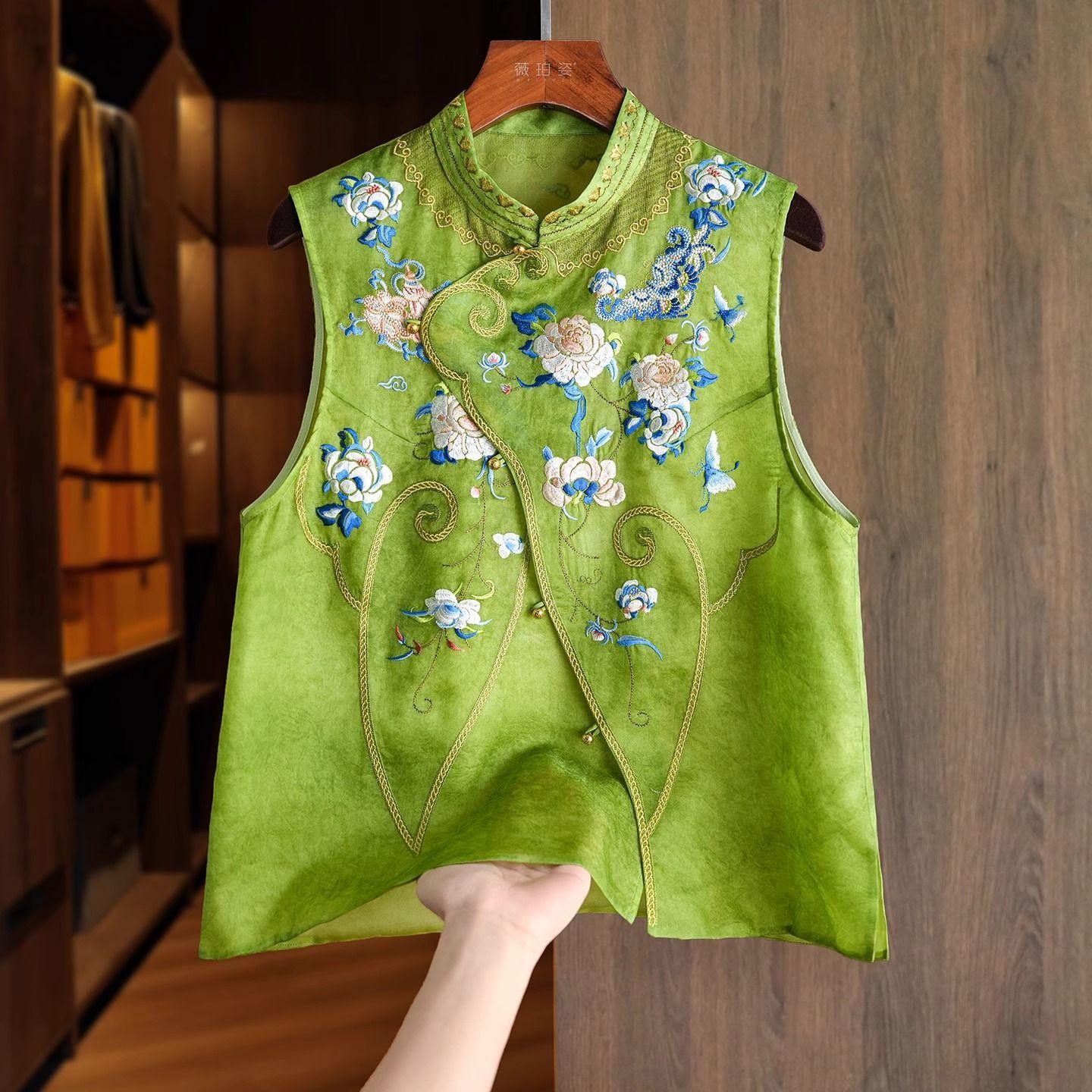 

Outerwear Women s Jackets National Wind Chinese Style Stand Collar Heavy Industry Embroidery Vest Buckle Vest Retro Top S зелений