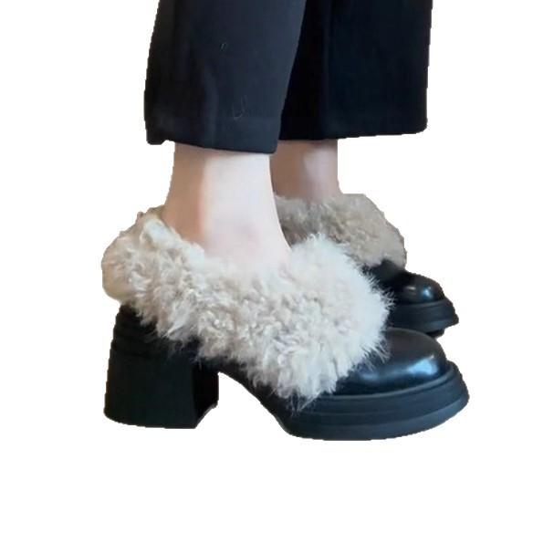 Lederversion~ Wasserdichte Tisch-High Heels Retro flauschige Schuhe Damen Dicksohlige Ein-Pedal Samt Warme Baumwollstiefel Kleine Lederschuhe