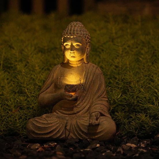 Buddha Statue with Solar Lotus Light Sitting in Meditation Buddha Sculpture Lighted