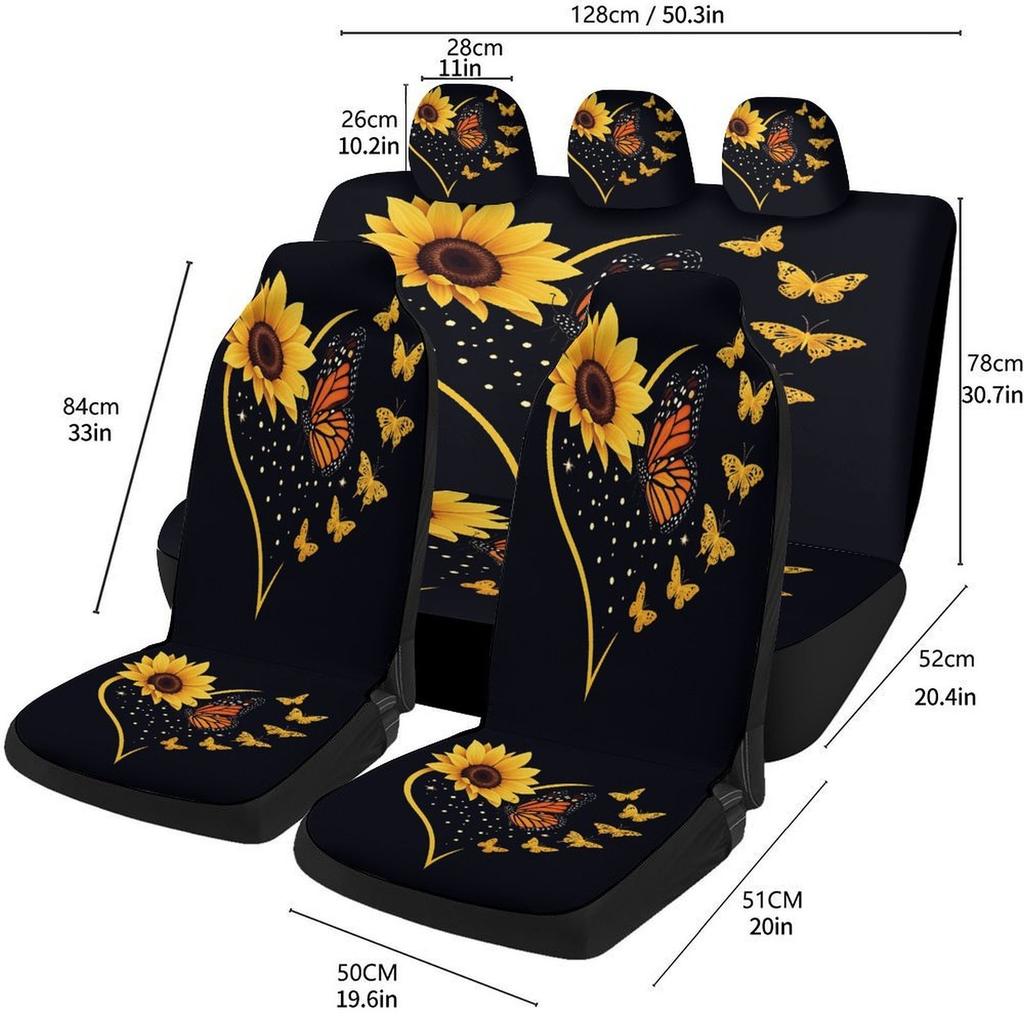 Sonnenblumen Schmetterlinge Herz Design Autositzbezüge Set Für Die Meisten Autos, Trendige Atmungsaktive Dekorative Autositzschutzbezüge F