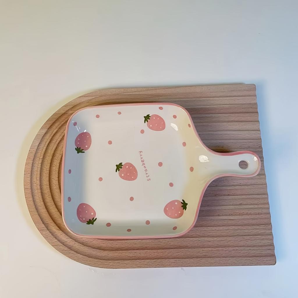 2pcs Handled Bowl Plate Set, Strawberry Hand Painted Ceramic Tableware for Home Use