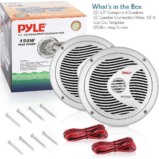 Pyle 6.5” Dual Marine Speakers - 2 Way Waterproof and Weather Resistant Outdoor Audio Stereo Sound System with 150 Watt Power, Polypropylene Cone