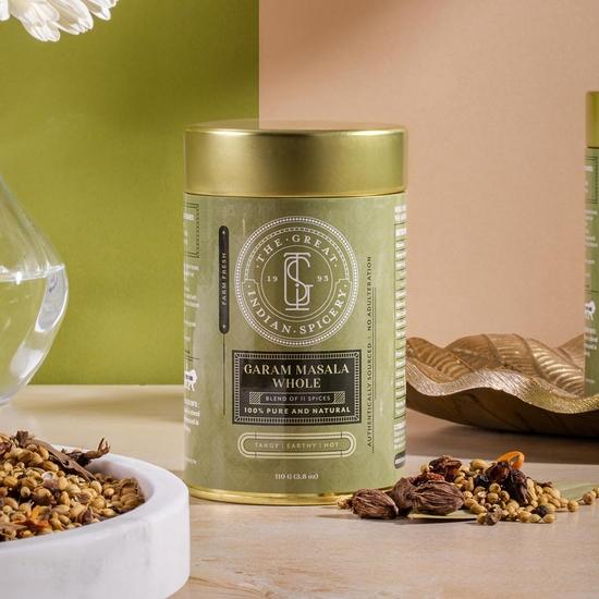 The Great Indian Spicery | Garam Masala Whole - 75gm Tin | Steam Sterilisation, Farm Fresh, Authentic 11 Spices Blend, Non-Adulterated