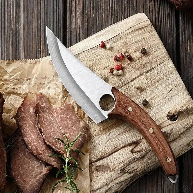 Portable Boning Knife Mini Kitchen Pocket Knife Chef Meat Cutting Fruit Cleaver Butcher with Cover Cooking Wooden Handle