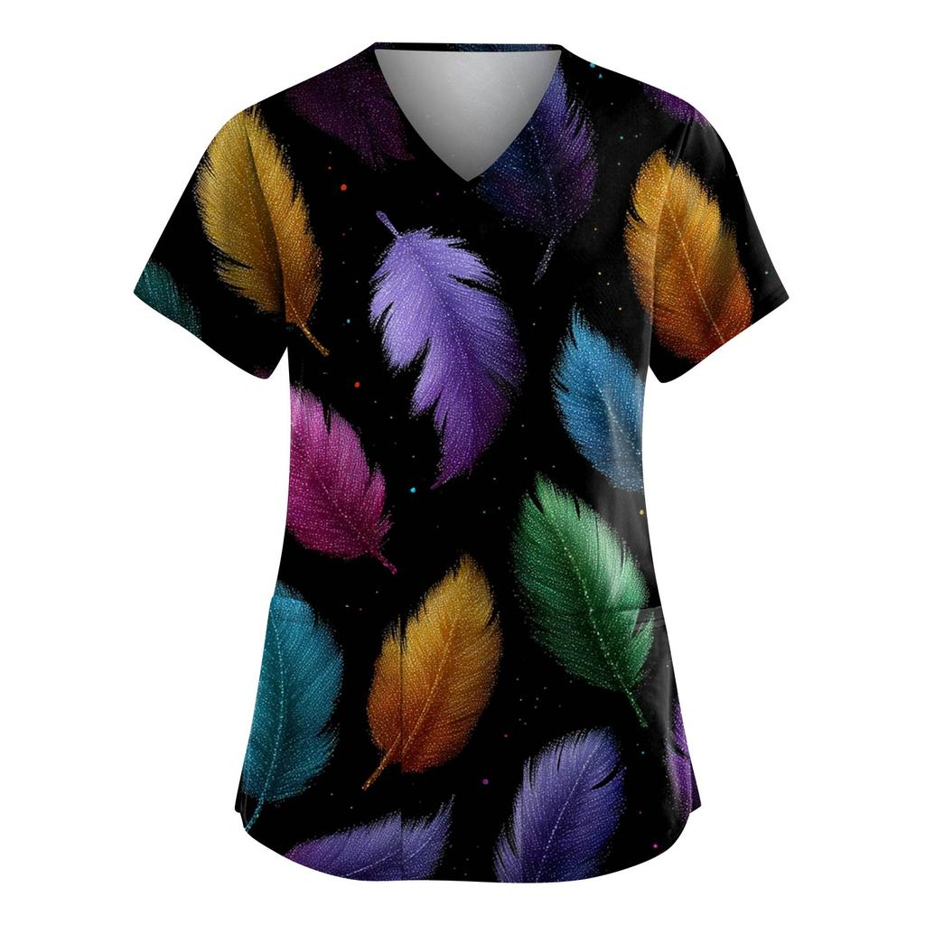 Women's Fashion V-Neck Short-Sleeved Workwear With Pockets Carnival Print Top Caregiver Uniform