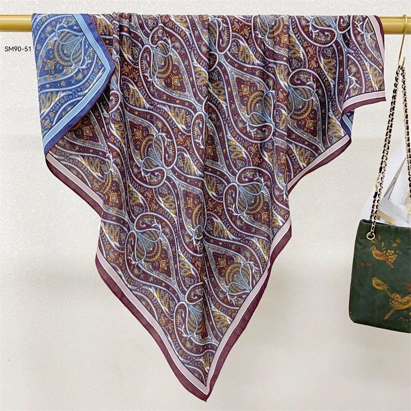 Double-Sided Faux Silk And Wool Printed Scarf For Women Spring And Autumn 90Cm Square Scarf Foulard Bandana Femmel Headscarf