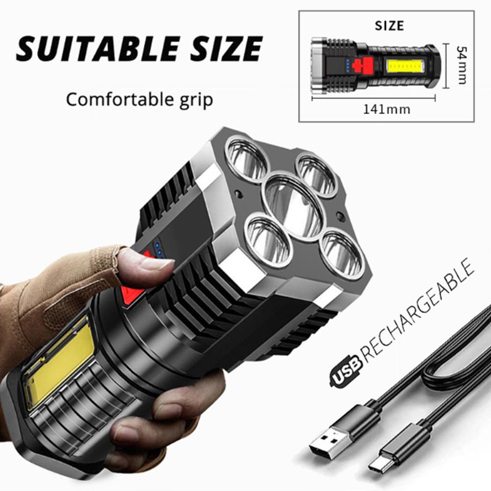 5 LEDs Flashlight Waterproof ABS Spotlight USB Rechargeable Portable Outdoor COB Flood Light 4 Lighting Modes for Outdoor Use
