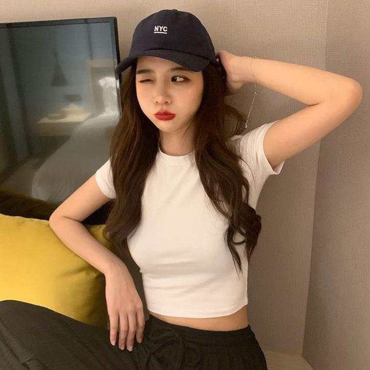 

Black Sweet Spice Girl American Front Shoulder Crew Neck Short Sleeve T-Shirt Women s Summer New Slim-Fit Button Top M
