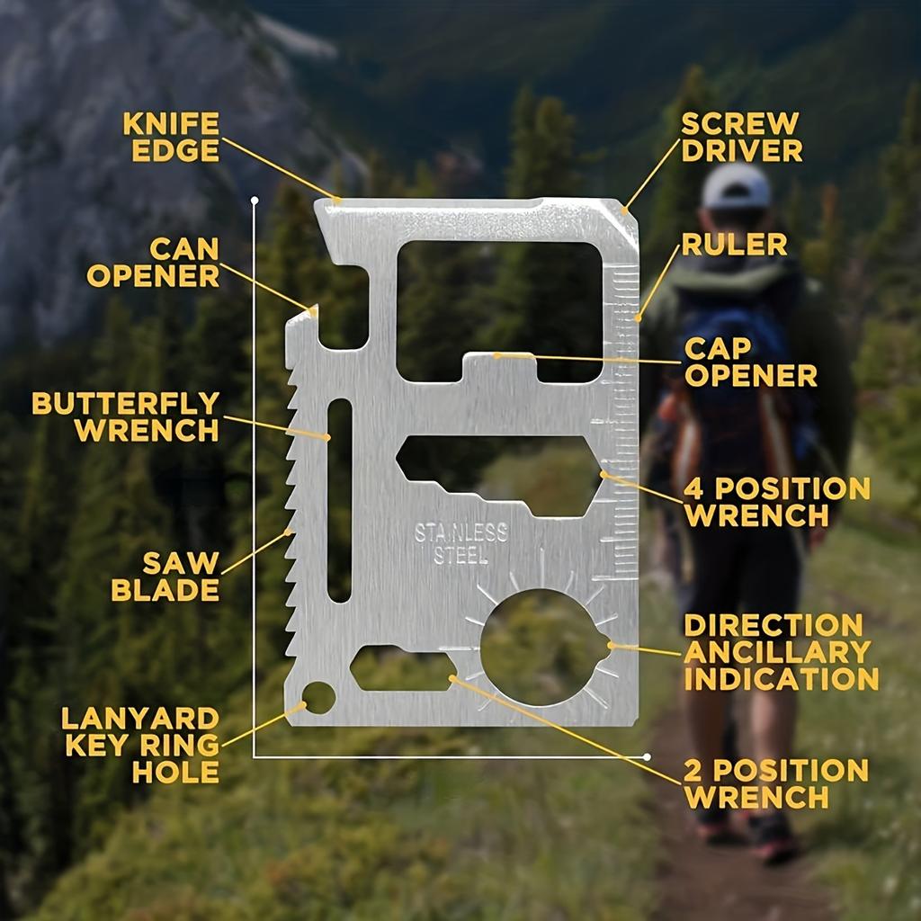 11-in-1 Stainless Steel Multi-Tool Card - EDC Pocket Survival Gear with Bottle Opener, Wrench, Saw, Ruler Outdoor Camping & Hunting Accessory