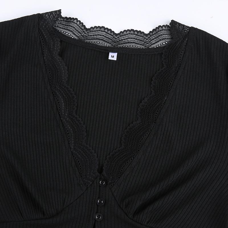 Cárdigan de punto de canalé con encaje de color sólido estilo europeo y americano con borde de oreja de madera y camiseta de manga larga para top casual de mujer con cuello en V