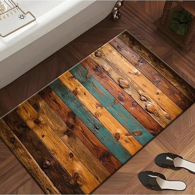 3D Retro Wood Grain Graphic Doormat Colorful Wooden Plank Print Entrance Mat Non-Slip Welcome Rug for Living Room Bathroom