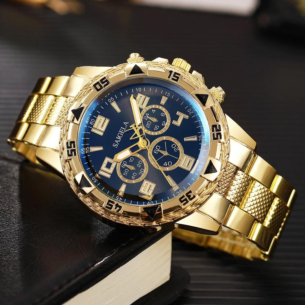 2 Stück/Set Mode Herrenuhr Hip Hop Falsche Drei Augen Rundes Gehäuse Stahlarmband Quarzuhren Set (Box nicht im Lieferumfang enthalten)