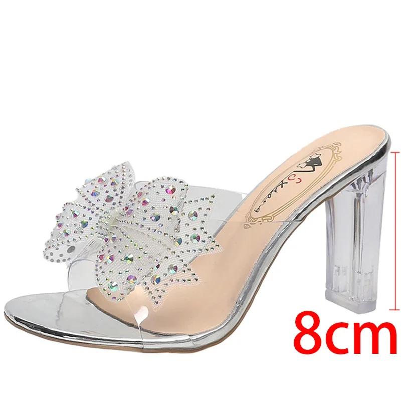 Fashion Rimocy High Heels Crystal Bowtie Slippers Women 2025 Summer Open Toe Transparent Pvc Sandals Woman Clear Heeled Party Slides