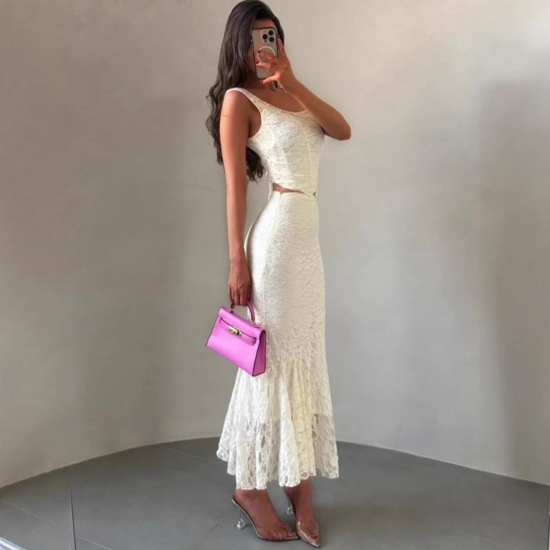 Women s New Summer Style Fashionable Sleeveless Lace Waist Top and Hip Skirt Suit for Women S белый