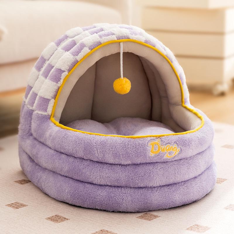 Checkered Cozy Cat and Dog Bed: Warm, Semi-Enclosed, Rocking Nest for Autumn/Winter