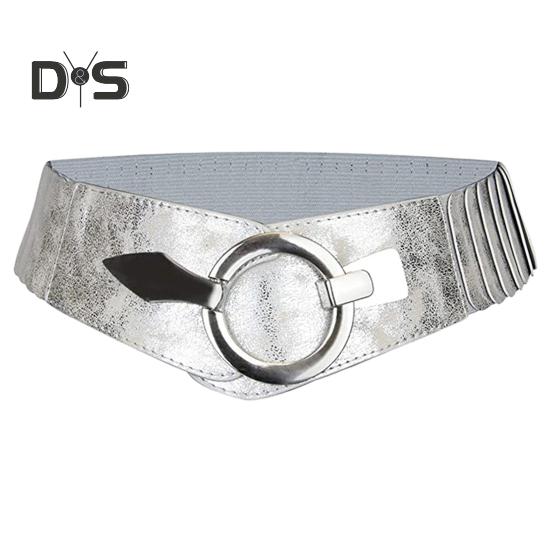 

Широкий эластичный пояс для женщин, универсальный, однотонный, эластичный, пояс для платья из искусственной кожи с пряжкой из сплава серебряный