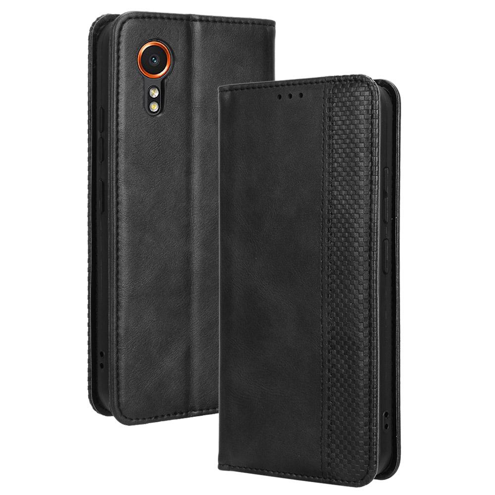 

For Samsung Galaxy Xcover7 Wallet Case PU Leather Stand Retro Phone Cover Black
