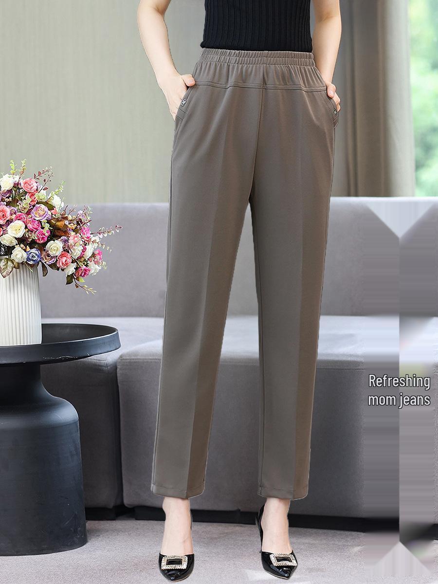 

Летние брюки из ледяного шелка с эластичной талией для женщин среднего и пожилого возраста - Большой размер, Свободные брюки прямого кроя XL кофейный