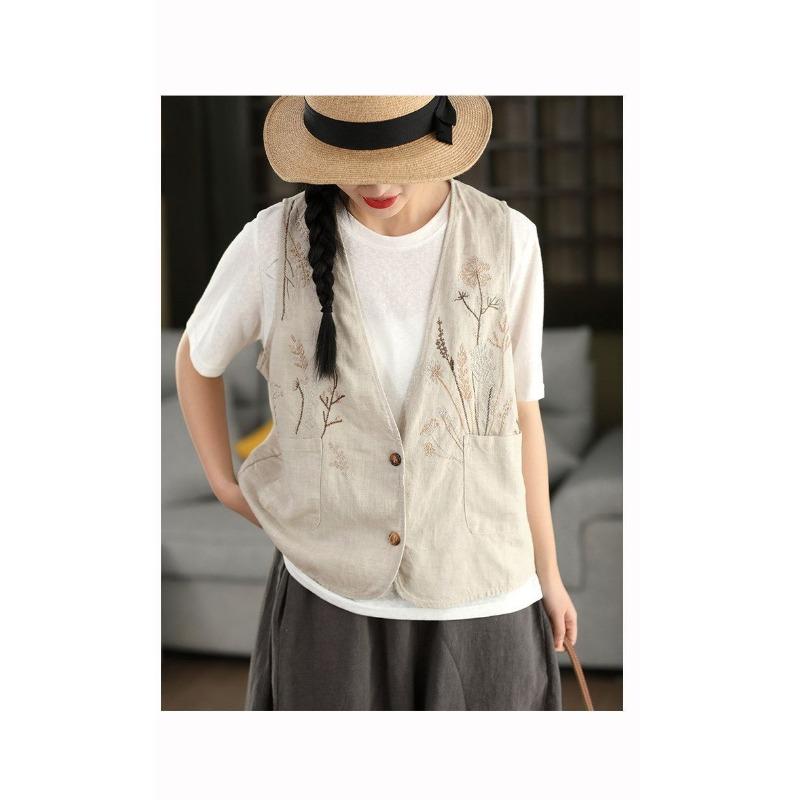 Women Floral Embroidered V Neck Button Front Cotton Vest