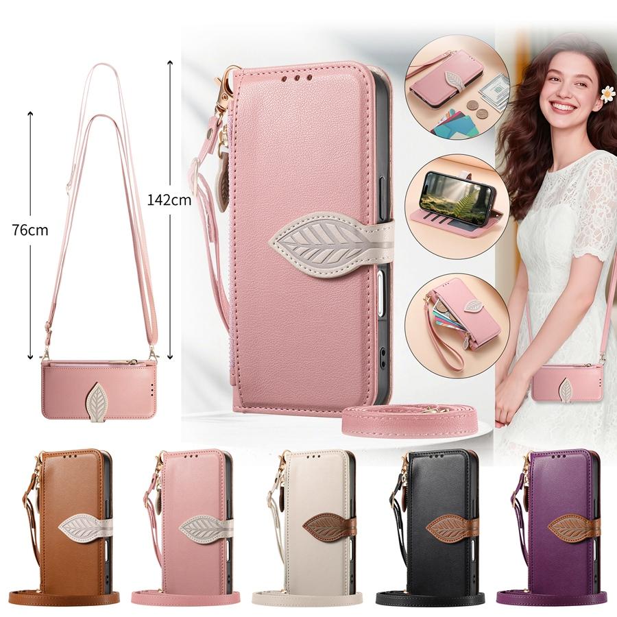 PU Leather Leaf Buckle Multi-function Wallet Case for OPPO/VIVO/Redmi/Google 3 Card Slots + Zip Coin Pocket + Stand & Detachable Long Shoulder Strap