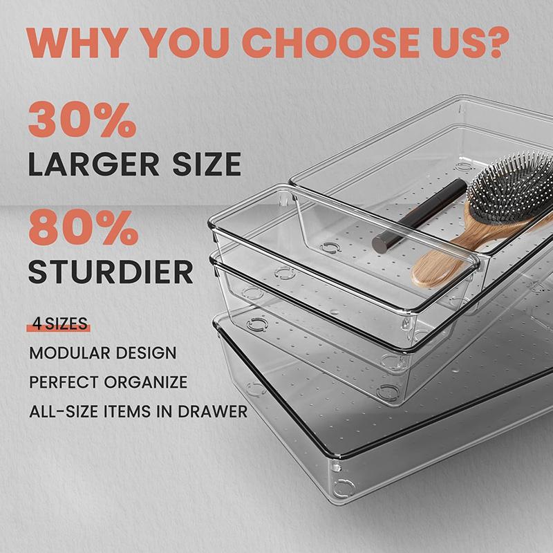 Multi Sizes Clear PET Drawer Organizer Tray Set With Non Slip Base for Kitchen Bathroom Vanity Desk Small Sundries Storage