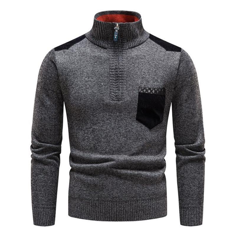 Thickened Velvet Sweater Men's Patch Half Sweater Half Zipper Pullover Casual Top