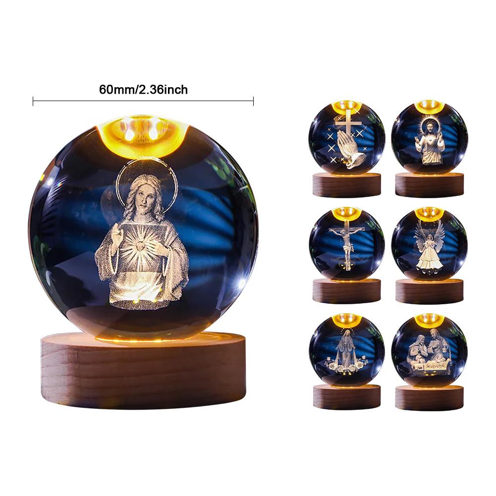 3D Creative Engrave Crystal Ball with Wooden Base USB Charging LED Crystal Ball Night Light Lighted Crystal Ball Art Decoration