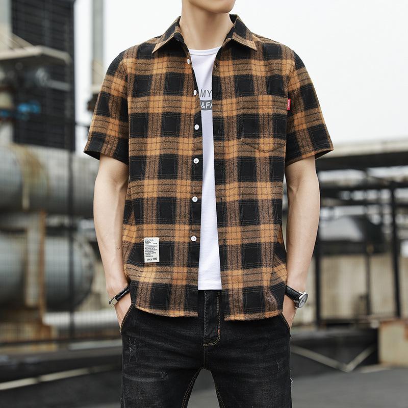 Summer Port Style Loose Lapel Men's Checkered Short-sleeved Shirt Fashion Brand Youth Casual Shirt Men's Cardigan Trend