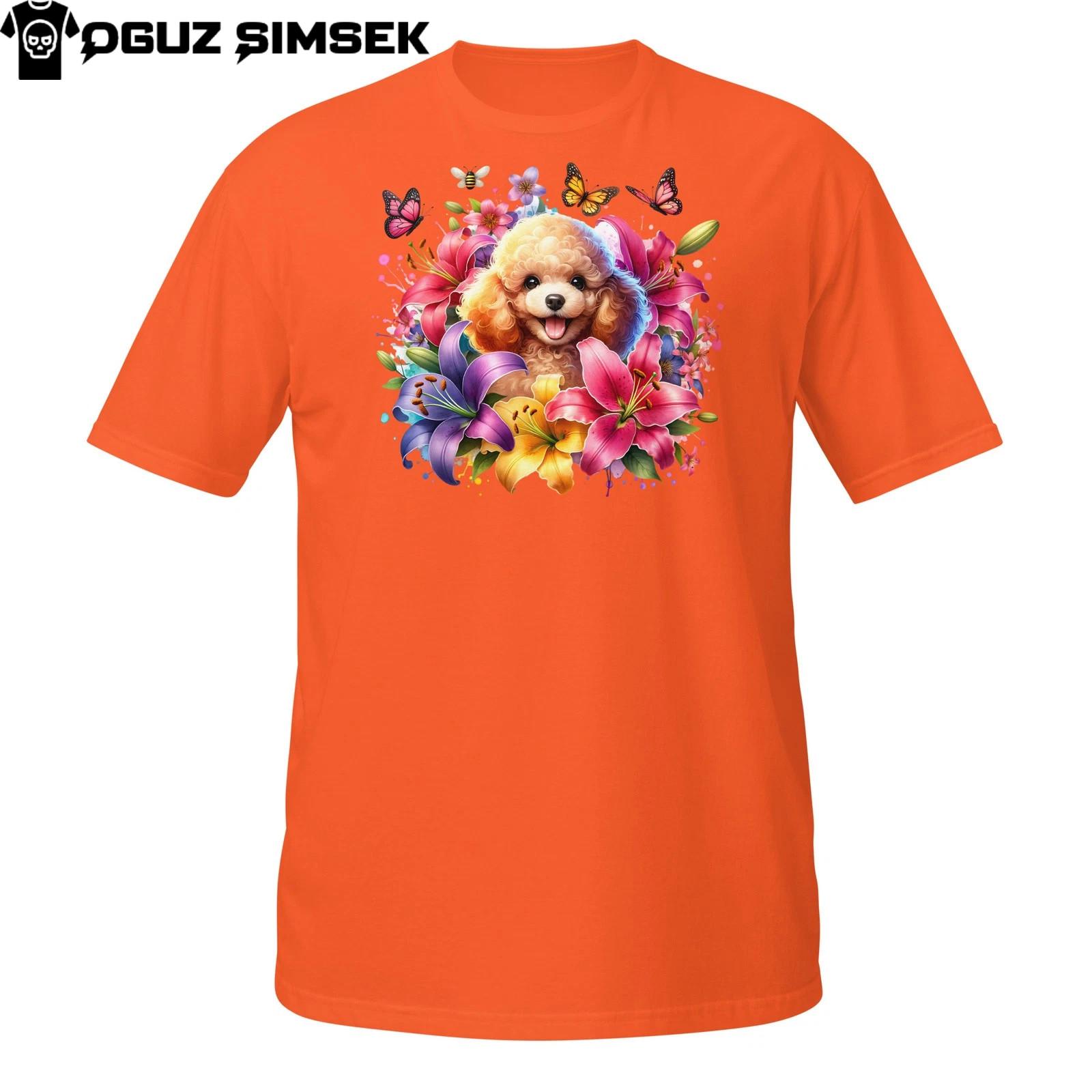Happy Poodle Puppy and Butterfly T-Shirt Mens Womens Tees Top – Colorful Floral Dog Lover Graphic Tee S