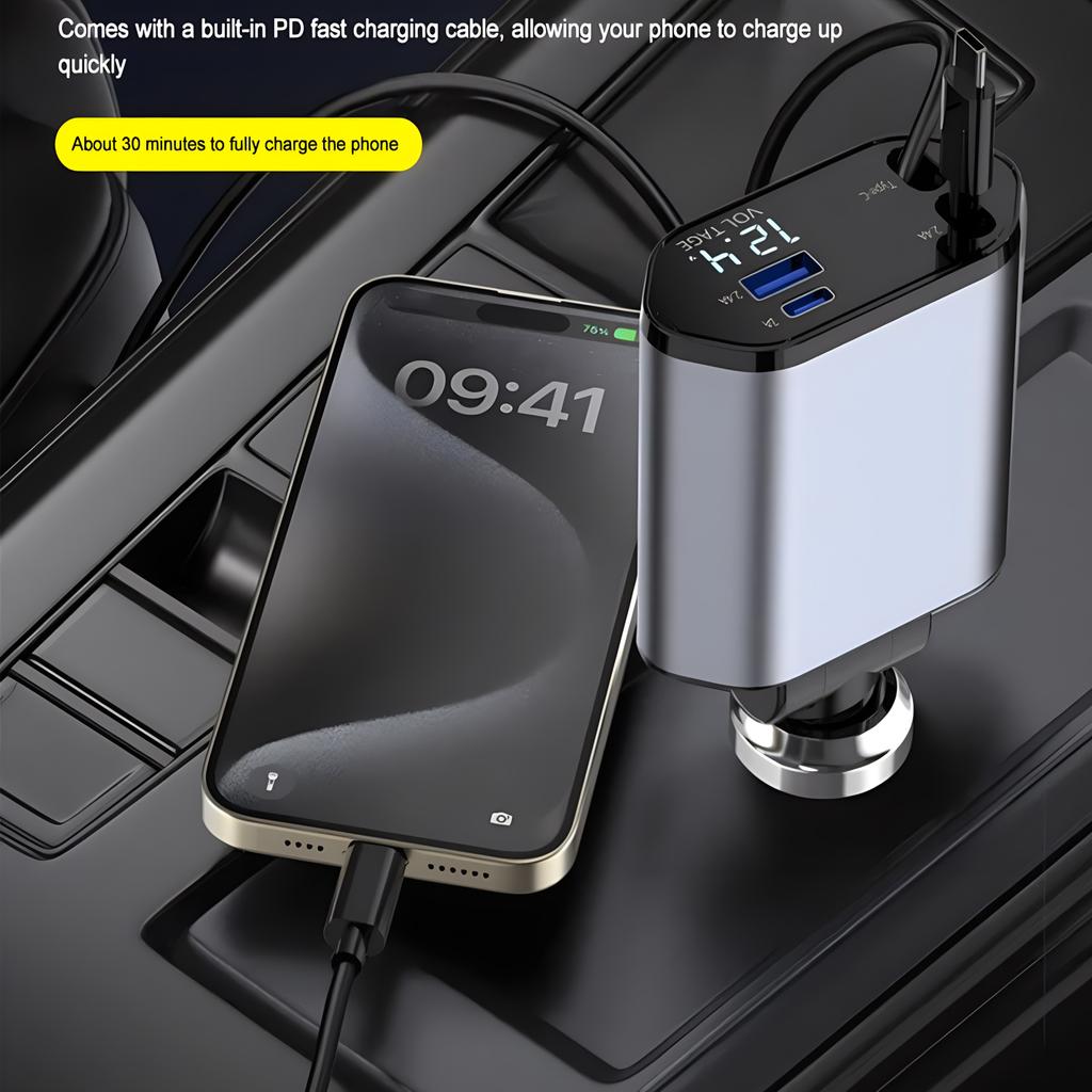 120W 4-in-1 USB-C Fast Car Charger, Retractable Cigarette Lighter Adapter for iPhone Samsung Huawei Xiaomi – Quick Charge