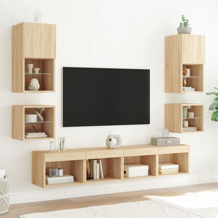 VidaXL TV Wall Units with 8 Pcs LEDs, Hanging TV Cabinets, Living Room TV Furniture, Modern, Sonoma Oak 3216592