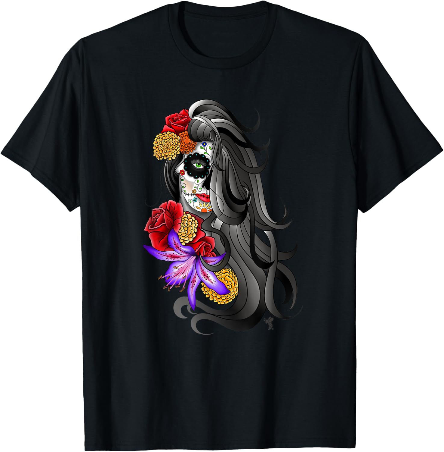 Sugar Skull Day of the Dead Tattoo Colorful Flowers T-Shirt S