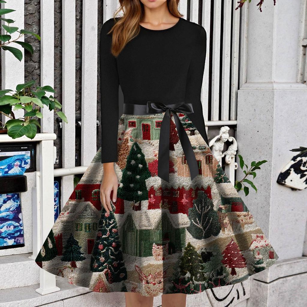 Women's Fashion Round Neck Slim-Fit Christmas Print Long-Sleeved Dress