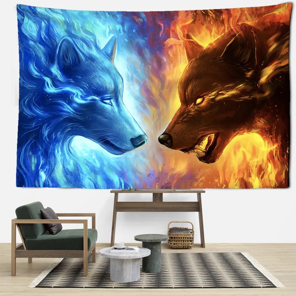 Ice and Fire Wolf Head Tapestry Wall Hanging Abstract Mysterious Art Witchcraft Hippie Tapitz Living Room Bedroom Home Decor