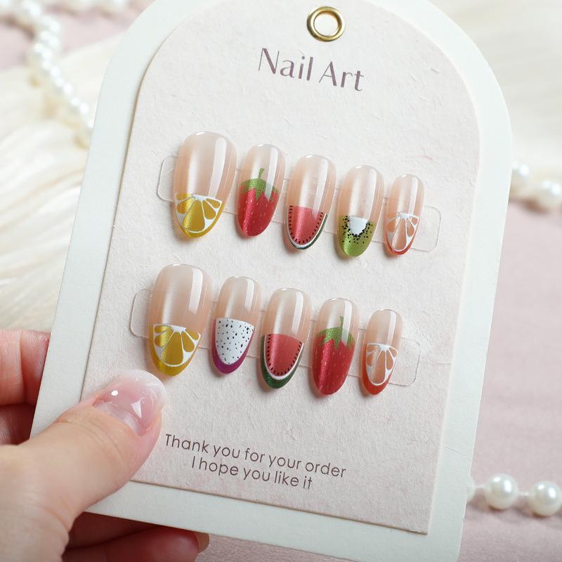 

30pcs Fruit Party Cat Eye Nail Tips: Watermelon, Lemon, Strawberry, Pitaya, Almond Designs