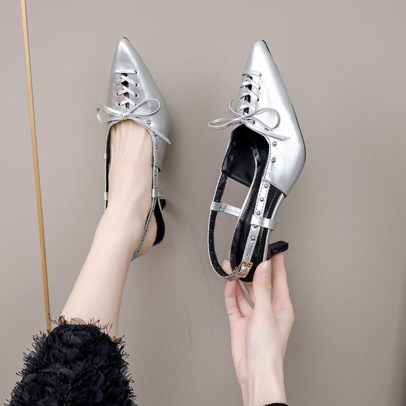 

Модные женские босоножки с острым носком 2024 года, весна/лето, новые универсальные туфли Muller на тонком среднем каблуке с бантом, босоножки с открытой пяткой на шнуровке 36 серебряный