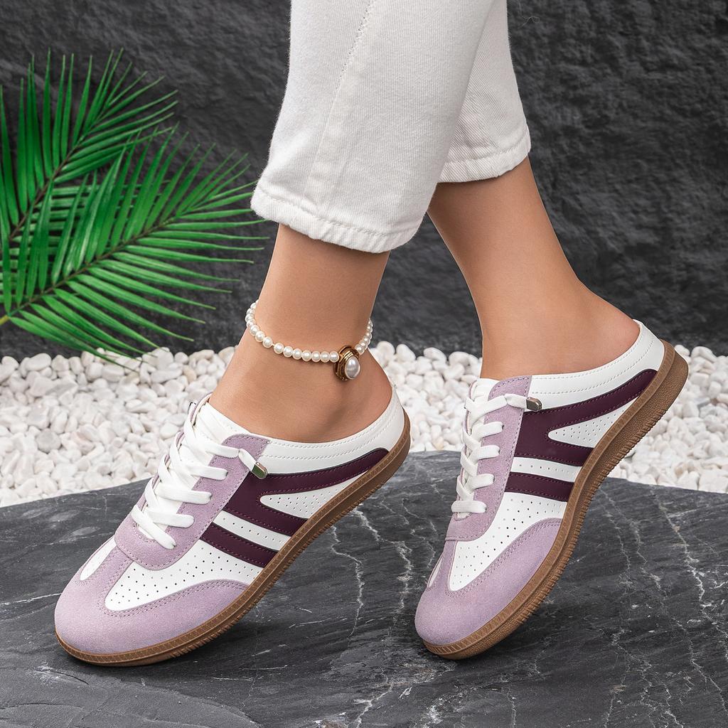 Women Retro Color Block Slip On German Trainer Mule Slippers, Breathable Soft Sole Versatile Casual Summer Walking Shoes