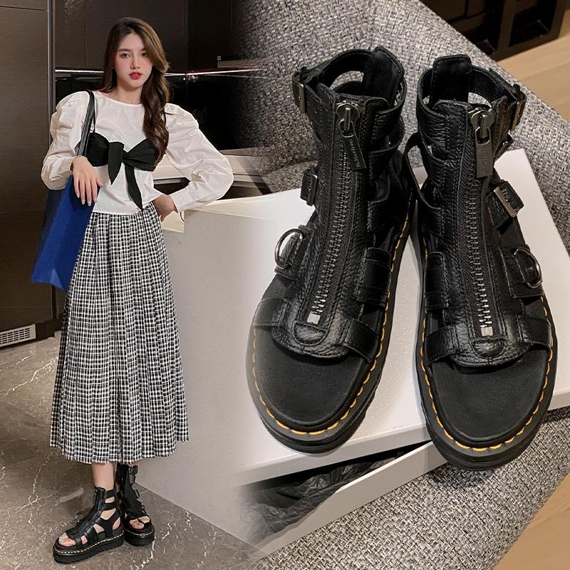 Summer Roman Sandals Fashion Street Black Women's Sandal Gladiator Women Genuine Leather Round Toe Buckle Platform Women's Shoes