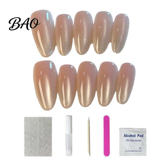 Salon Quality Fake Nails 10Pcs Cats Eyes Press on Kit, Glossy Almond Stick-on Nails, Long Glue False for Women Girls Press-on