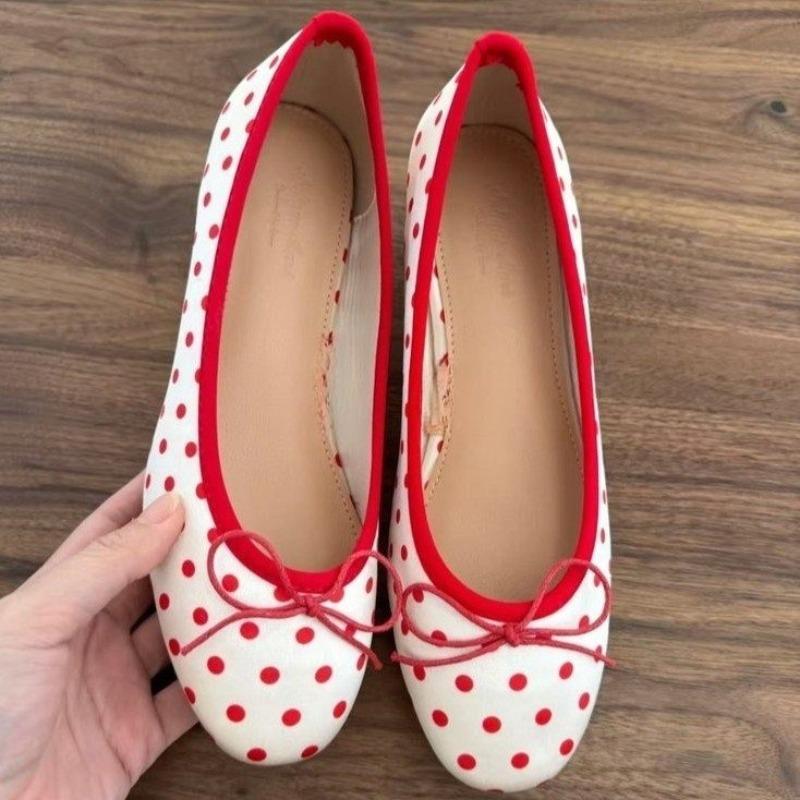 

Модная обувь на плоской подошве в горошек, женская новая обувь с круглым носком и мелким вырезом, фееричный бант, подошва из воловьей жилы, мягкая, нескользящая, низкая 40 красный