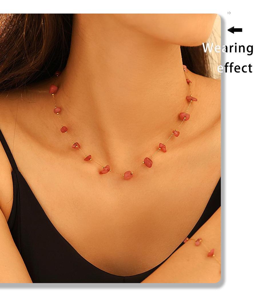 Retro French Natural Stone Necklace & Bracelet Set with Stainless Steel