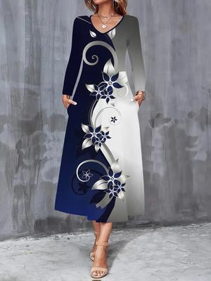 2025 Herbst und Winter Neue Damen Casual Mode Kleid Herbst 3D Blumenmuster Langarm V-Ausschnitt A-Linien Kleider