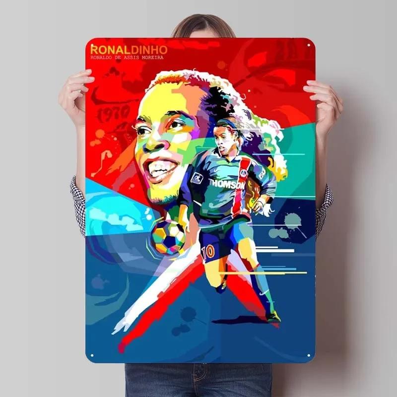 Ronaldinho Sign Sportposter Metall Wandkunst von Wandmalereien Vintage Metall Blechschild Plakette für Wandkunst Dekoration Man Cave Retro Zuhause