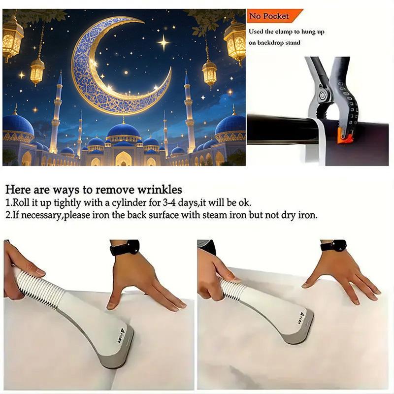 Romantic Starry Sky Theme,EID Al Adha Background Cloth with Crescent Moon,Mosque,Lantern Design,Festive Party Celebrations