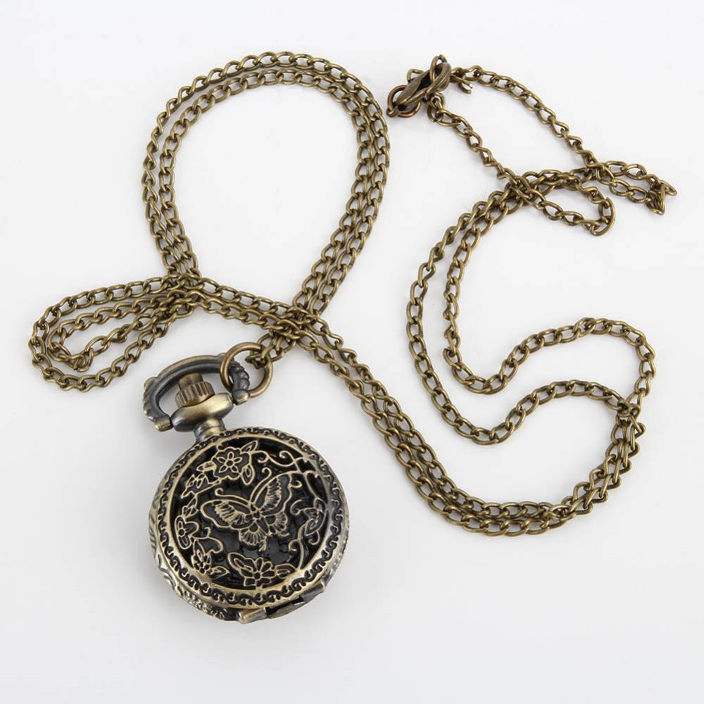 Fashion Women Quartz Pocket Watch Alloy Hollow Out Butterflies Vintage Sweater Chain Necklace Pendant Clock Gifts