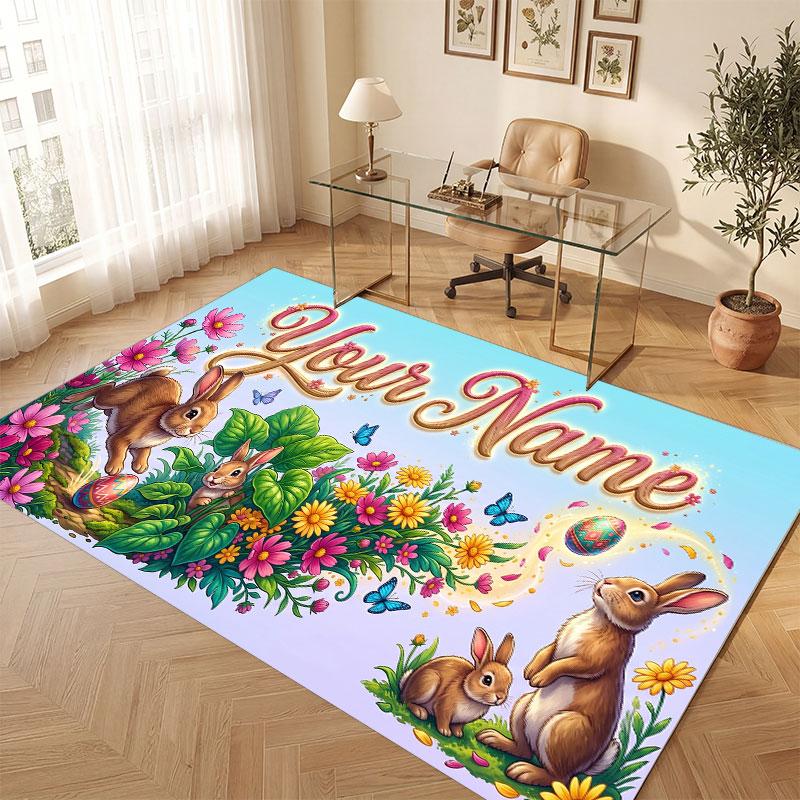 Floral Garden Theme Crystal Velvet Floor Rug Personalized Custom Name Text Warm Carpet Home Decoration